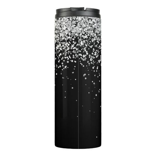 Glam Black Silver Glitter Monogram Naam Thermosbeker (Achterkant)