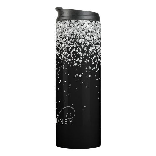 Glam Black Silver Glitter Monogram Naam Thermosbeker (Geroteerd rechts)