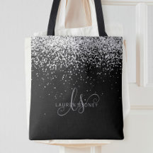 Glam Black Silver Glitter Monogram Naam