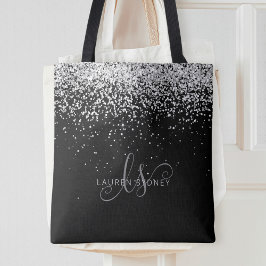 Glam Black Silver Glitter Monogram Naam Tote Bag