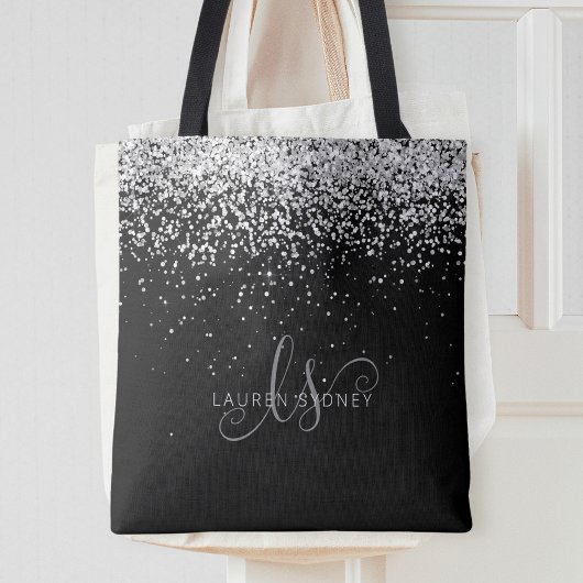 Glam Black Silver Glitter Monogram Naam Tote Bag