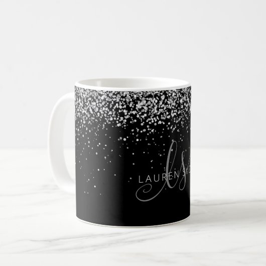 Glam Black Silver Glitter Monogram Name Coffee Mok (Voorkant links)