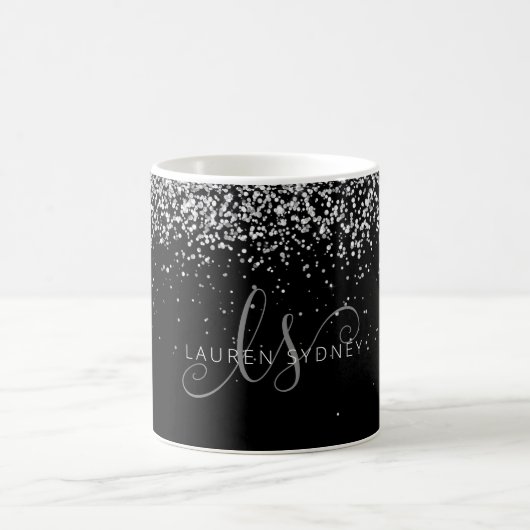 Glam Black Silver Glitter Monogram Name Coffee Mok (Center)