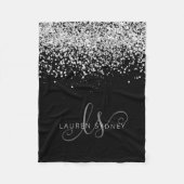 Glam Black Silver Glitter Monogram Name v Fleece Deken (Voorkant)