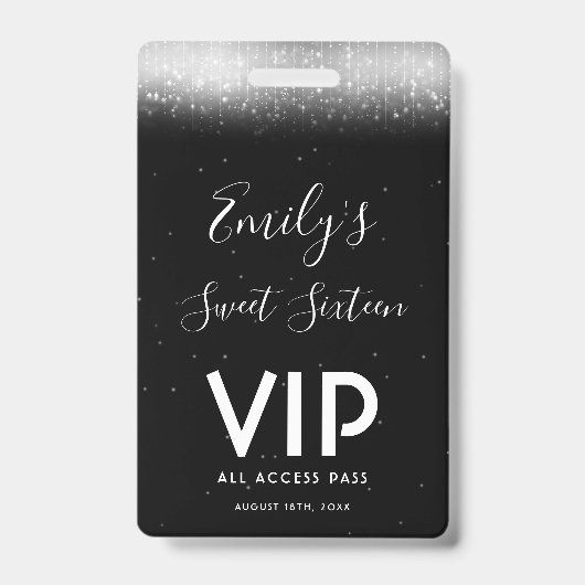 Glam Black White Sweet 16 Invitation VIP Pass Badge (Voorzijde)
