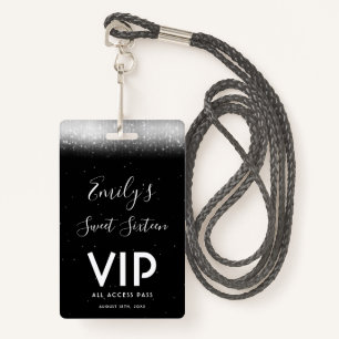 Glam Black White Sweet 16 Invitation VIP Pass Badge