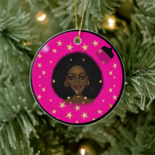 Glam Black Woman Afro Hair Pic lipstick roze maan Keramisch Ornament