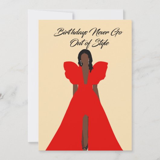 Glam Black Woman Card| Red Dress Birthday Kaart (Voorkant)
