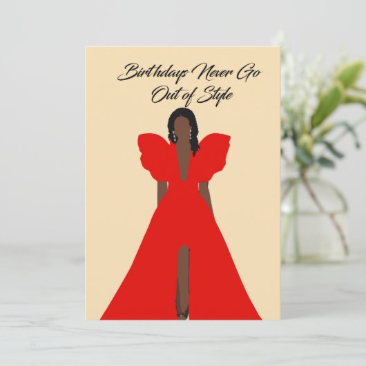 Glam Black Woman Card| Red Dress Birthday  Kaart (Staand voorkant)