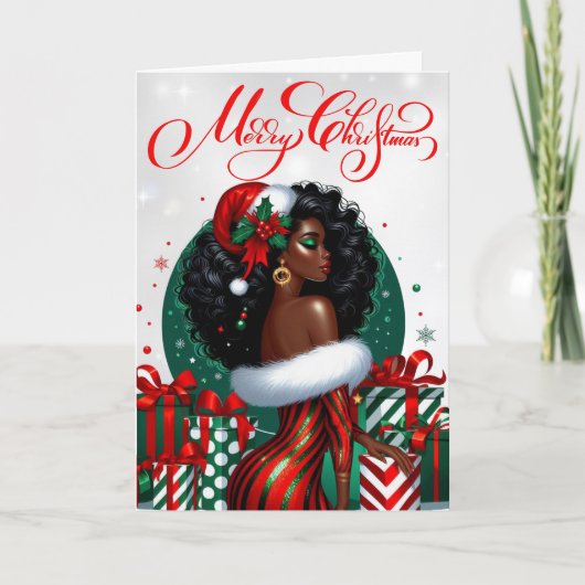Glam Black Woman Feestelijke Stijlvolle Kerst Kaart (Voorkant)