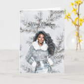 Glam Black Woman Silver Christmas Tree Branches Kaart (Gele Bloem)
