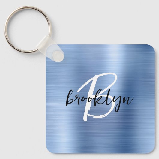 Glam Blauw Geborsteld Metaal Monogram  Sleutelhanger (Voorkant)
