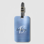 Glam Blauw Geborsteld Metaal Zwart Wit Monogram Bagagelabel (Voorkant (verticaal))