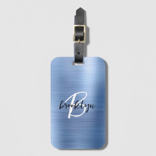 Glam Blauw Geborsteld Metaal Zwart Wit Monogram Bagagelabel (Voorkant (verticaal))