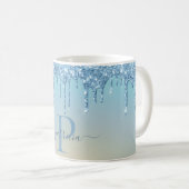 Glam Blauw Glitter Drips Elegante Monogram Koffiemok (Voorkant rechts)