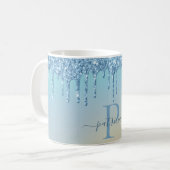 Glam Blauw Glitter Drips Elegante Monogram Koffiemok (Voorkant links)