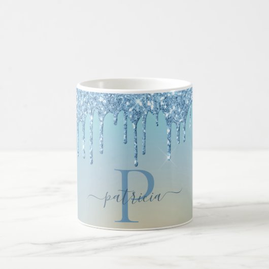 Glam Blauw Glitter Drips Elegante Monogram Koffiemok (Center)