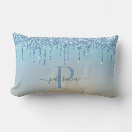 Glam Blauw Glitter Drips Elegante Monogram Kussen