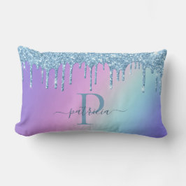Glam Blauw Glitter Druppels Elegant Monogram Kussen