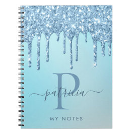 Glam Blauw Glitter Druppels Elegant Monogram Notit Notitieboek