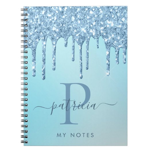 Glam Blauw Glitter Druppels Elegant Monogram Notit Notitieboek (Voorkant)