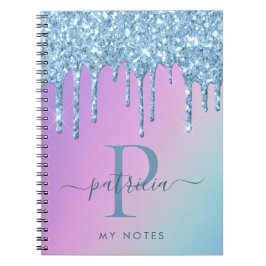 Glam Blauw Glitter Druppels Elegant Monogram Notit Notitieboek