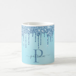 Glam Blauw Glitter Druppels Elegante Monogram Koffiemok