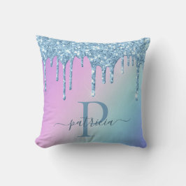 Glam Blauw Glitter Druppels Elegante Monogram   Kussen