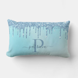 Glam Blauw Glitter Druppels Elegante Monogram  Len Kussen