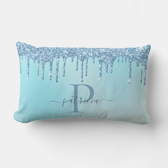 Glam Blauw Glitter Druppels Elegante Monogram  Len Kussen (Voorkant)