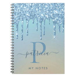 Glam Blauw Glitter Druppels Elegante Monogram Notitieboek