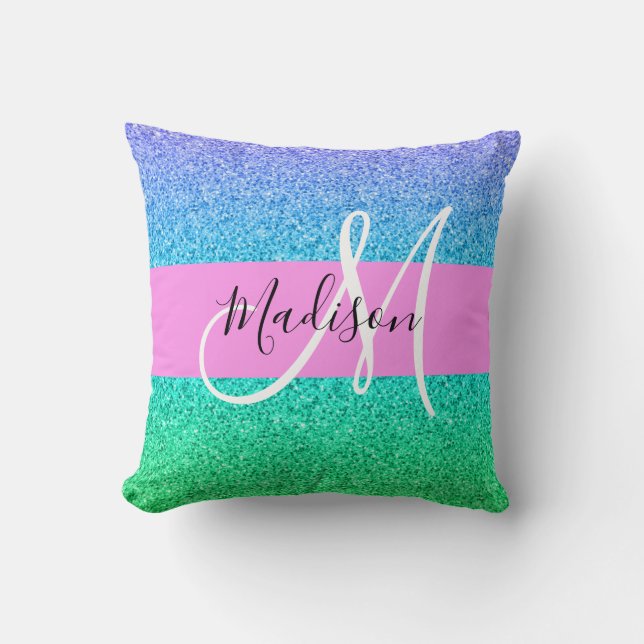 Glam Blauw Groen Glitter Glans Gradiënt Monogram Kussen (Voorkant)