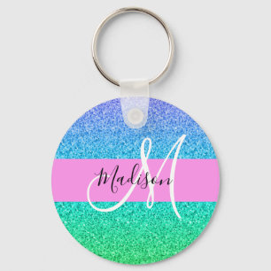 Glam Blauw Groen Glitter Glans Gradiënt Monogram Sleutelhanger