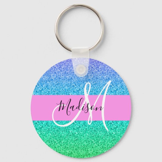 Glam Blauw Groen Glitter Glans Gradiënt Monogram Sleutelhanger (Voorkant)