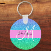 Glam Blauw Groen Glitter Glans Gradiënt Monogram Sleutelhanger (Voorkant)