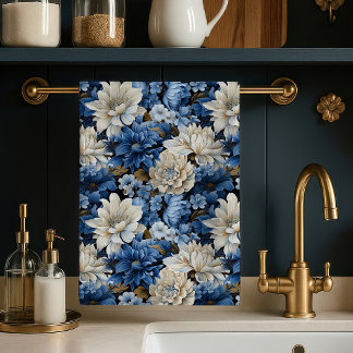Glam Blauw Ivoor Bloem Luxe Keukendoek Theedoek