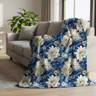 Glam Blauw Ivoor Bloemendek Zachte Fleece Deken