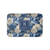 Glam Blauw Ivoren Bloemen Aangepaste Naam Badmat (Voorkant)
