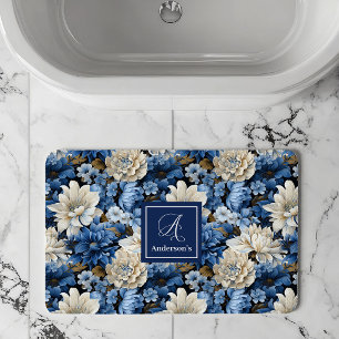 Glam Blauw Ivoren Bloemen Aangepaste Naam Badmat