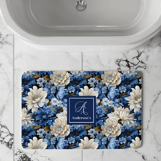 Glam Blauw Ivoren Bloemen Aangepaste Naam Badmat