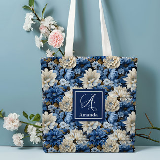 Glam Blauw Ivoren Bloemen Aangepaste Naam Boodscha Tote Bag
