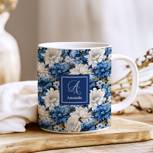 Glam Blauw Ivoren Bloemen Aangepaste naam koffiemo Koffiemok