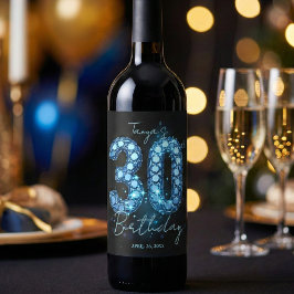 Glam Blauw Teal Diamant Glitter 30e Verjaardag Wijn Etiket