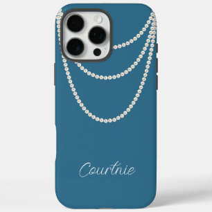 Glam Blauw Witte Parels iPhone 16 Pro Max Hoesje