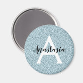 Glam Blauw Zilver Glitter Glans Monogram Naam Magneet (Voorkant / Achterkant)