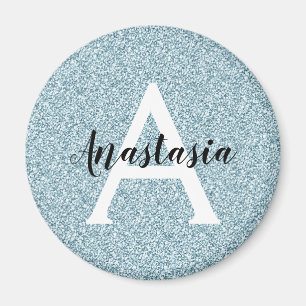 Glam Blauw Zilver Glitter Glans Monogram Naam Magneet