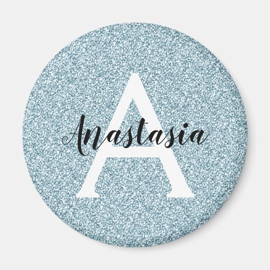 Glam Blauw Zilver Glitter Glans Monogram Naam Magneet (Voorkant)