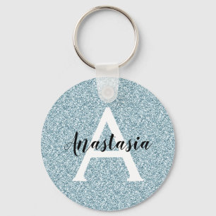 Glam Blauw Zilver Glitter Glans Monogram Naam Sleutelhanger