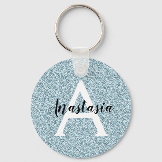 Glam Blauw Zilver Glitter Glans Monogram Naam Sleutelhanger (Voorkant)