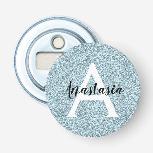Glam Blauw Zilver Glitter Glinstering Monogram Naa Button Flesopener